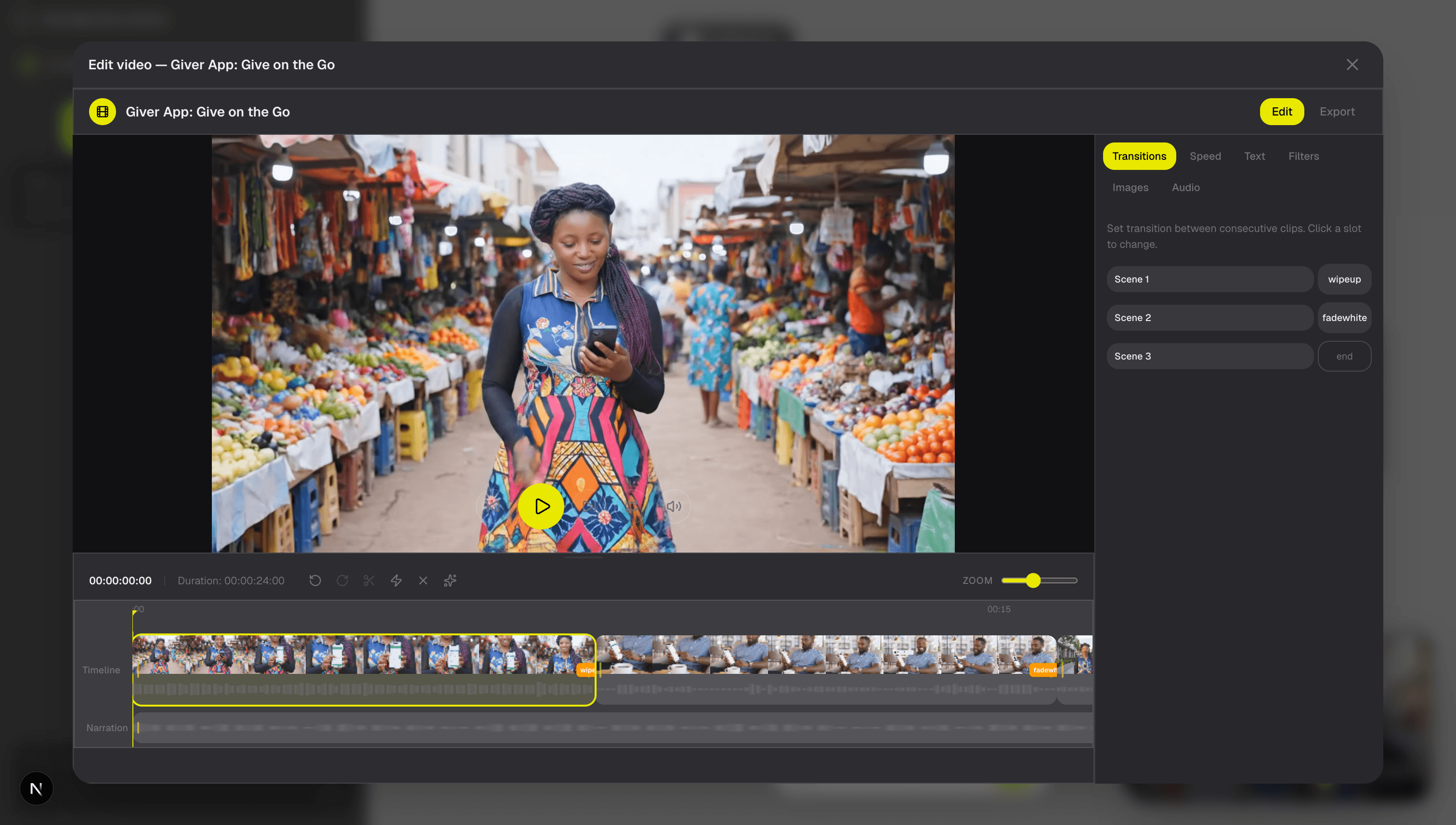 DropScene AI video editor — timeline, transitions, and scene editing
